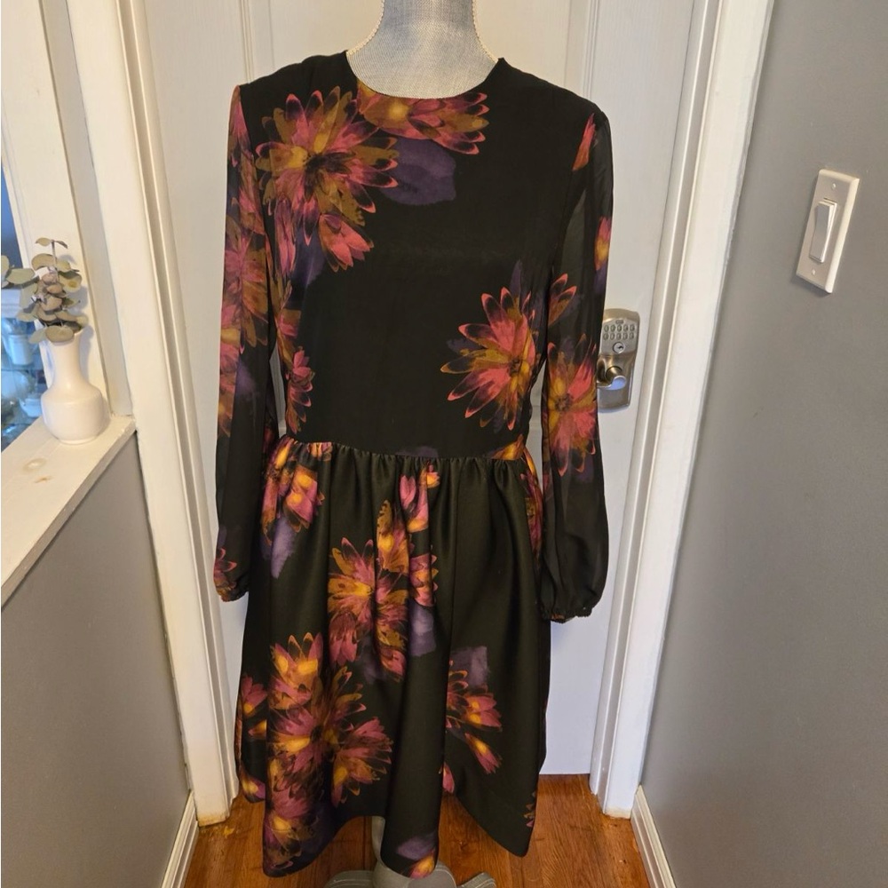 Taylor Black and Pink Floral Long Sleeve Dress